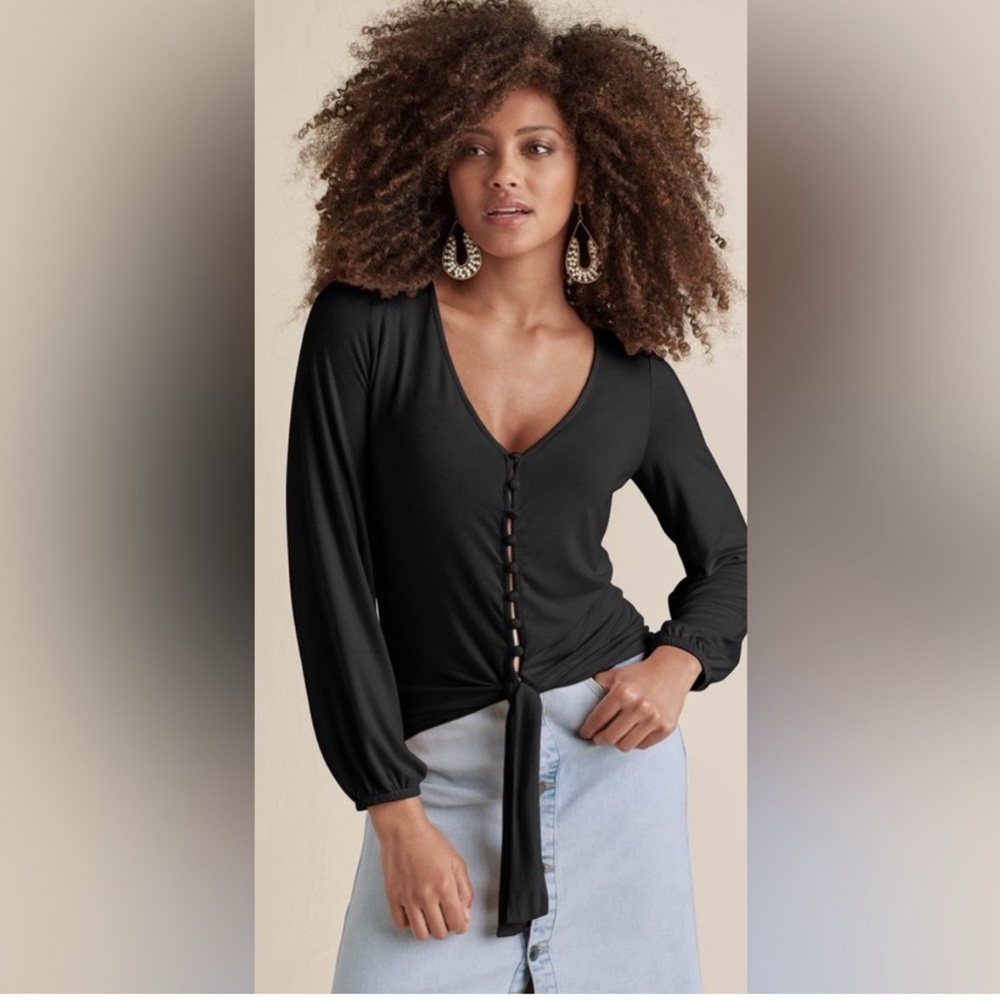 Venus Black Tie-Front Button-Up Top | Long Sleeve Size Small